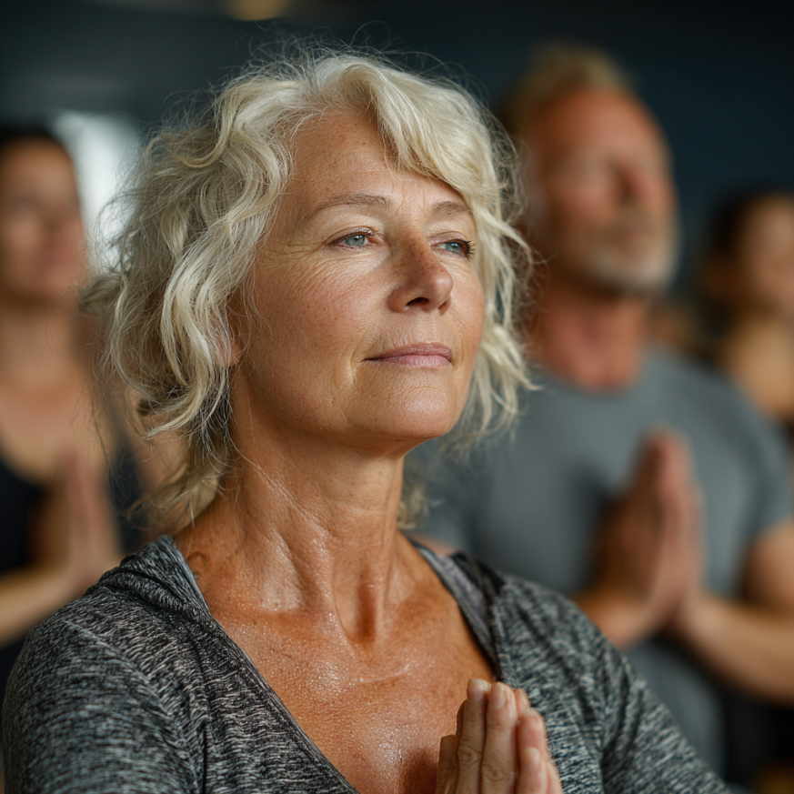 Възрастна жена практикуваща йога в спокойна обстановка