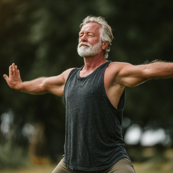 Група активни възрастни хора практикуват йога на открито